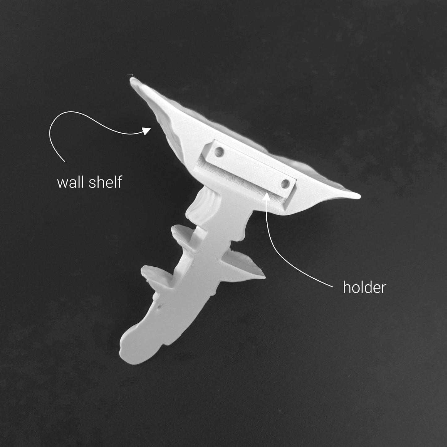 Close-up view of the holder for the Amanita mushroom floating shelf, highlighting its design features and mounting points for easy installation.