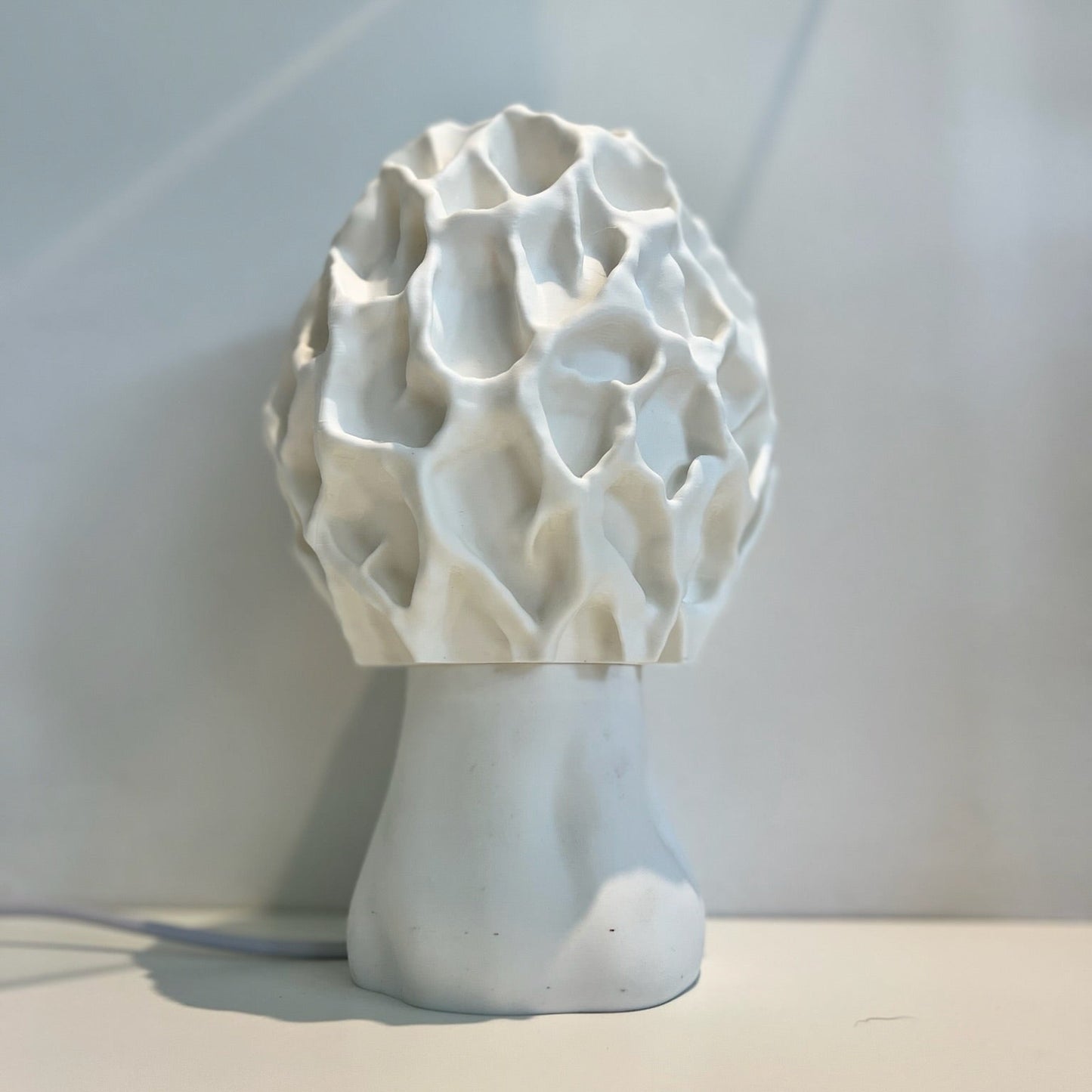 Elegant white Morel-inspired lamp showcasing intricate, natural design against a minimalist background.