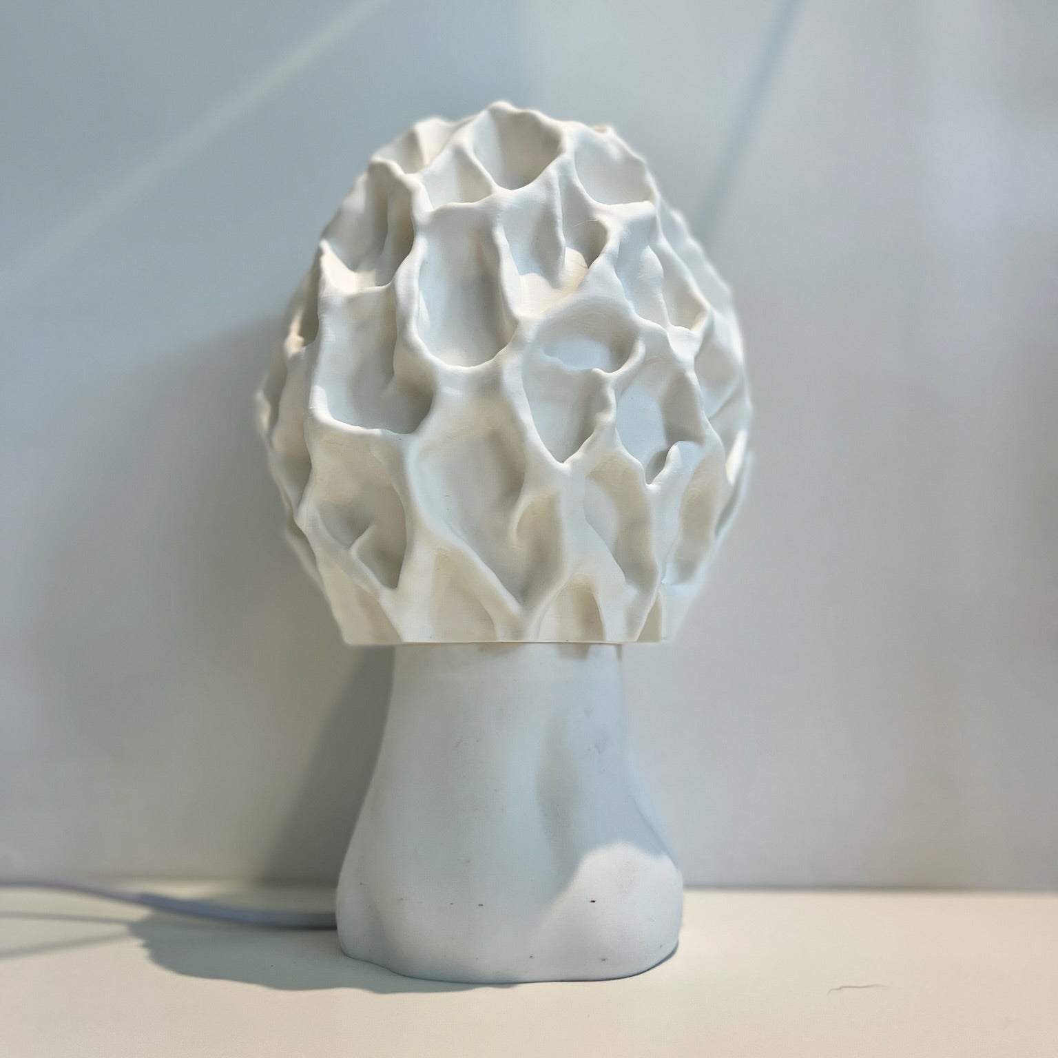 Elegant white Morel-inspired lamp showcasing intricate, natural design against a minimalist background.