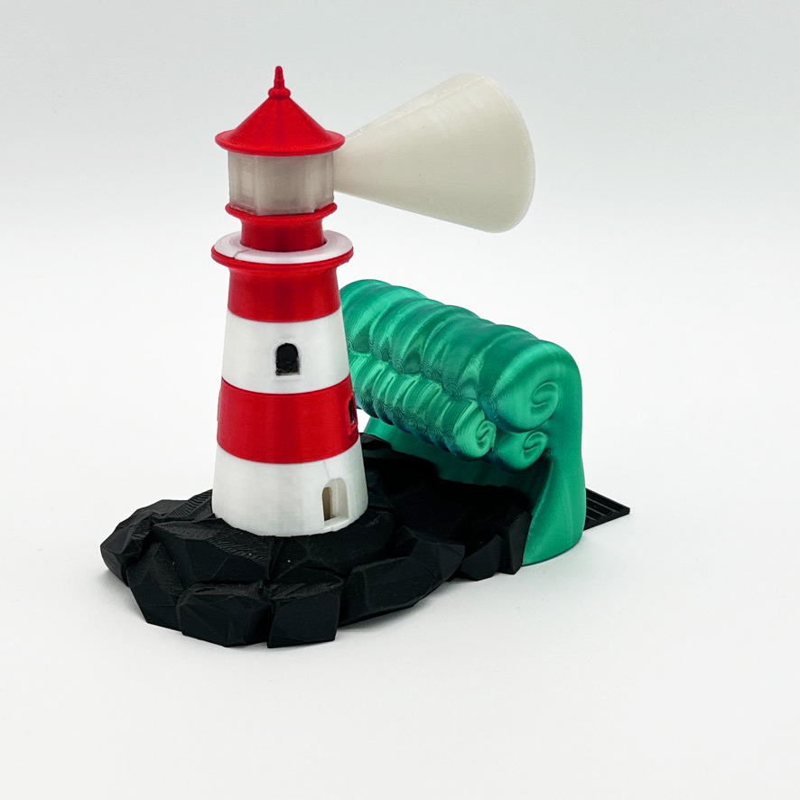 Close-up of a whimsical lighthouse bookend with red and white stripes and a turquoise wave, ideal for organizing books.