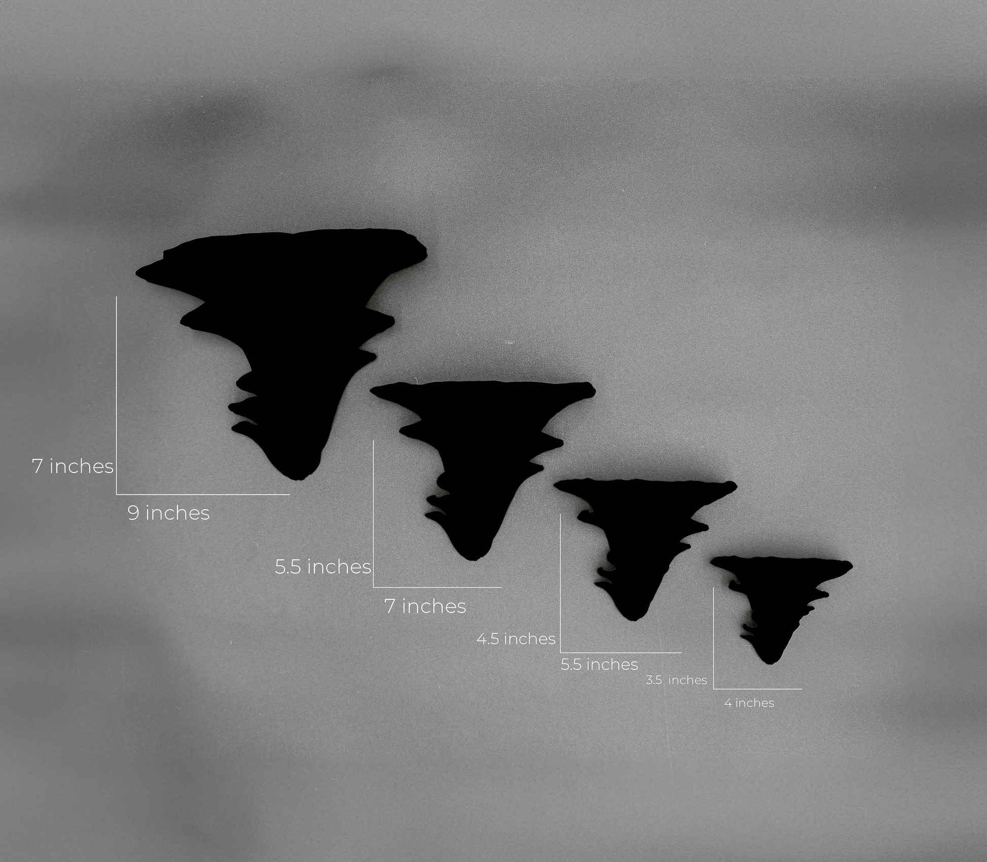 Silhouette of Djamor Floating Shelves in different sizes with measurements displayed for easy reference.