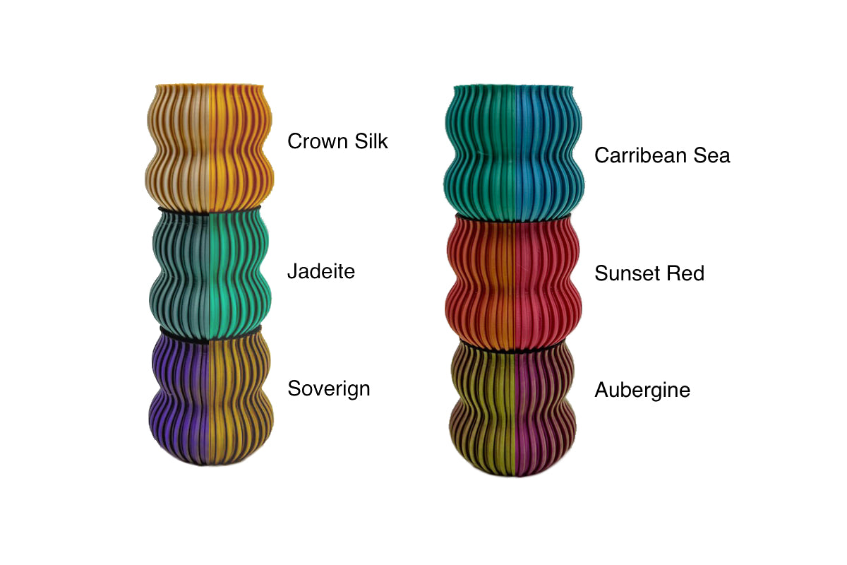 Colorful collection of 3D printed vases showcasing various vibrant shades, similar to Djamor shelf colors, emphasizing eco-friendly design options.