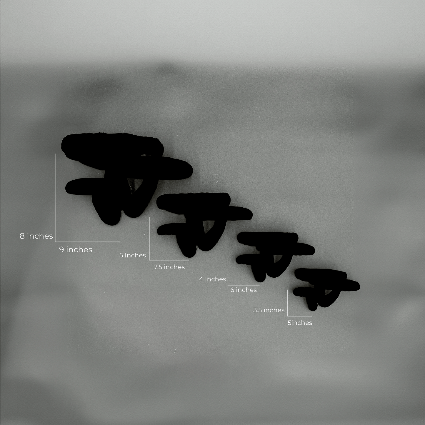 Edodes fungus floating shelves in different sizes with measurements, illustrating their dimensions on a gray background.