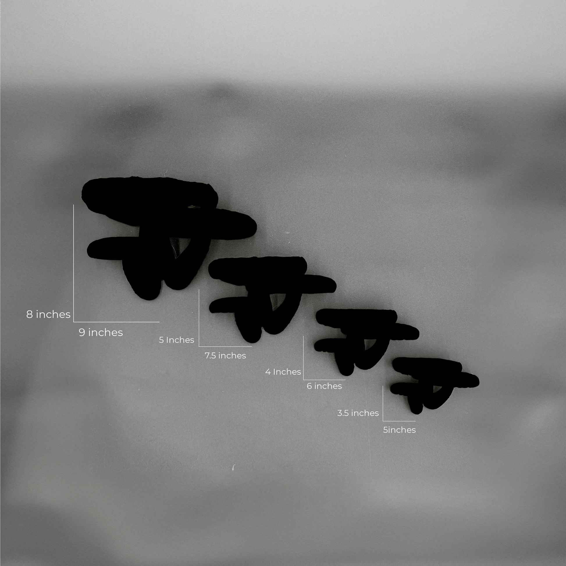 Edodes fungus floating shelves in different sizes with measurements, illustrating their dimensions on a gray background.