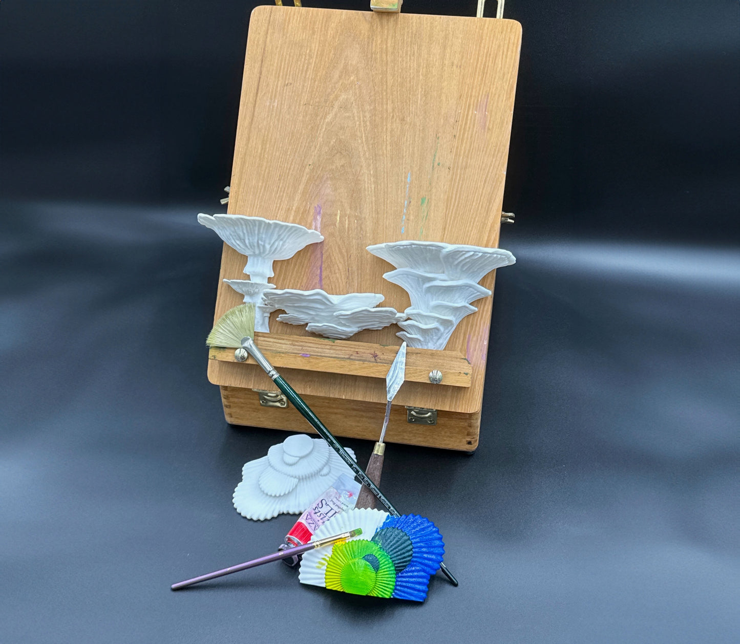 Artistic setup showing white fungus shelves and painting brushes, perfect for custom DIY home decor projects.