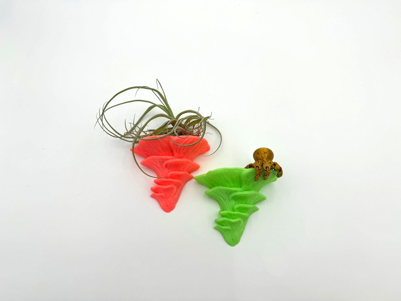 Colorful Djamor Floating Shelves in orange and green with decorative air plants and a small octopus figurine, emphasizing their playful design.