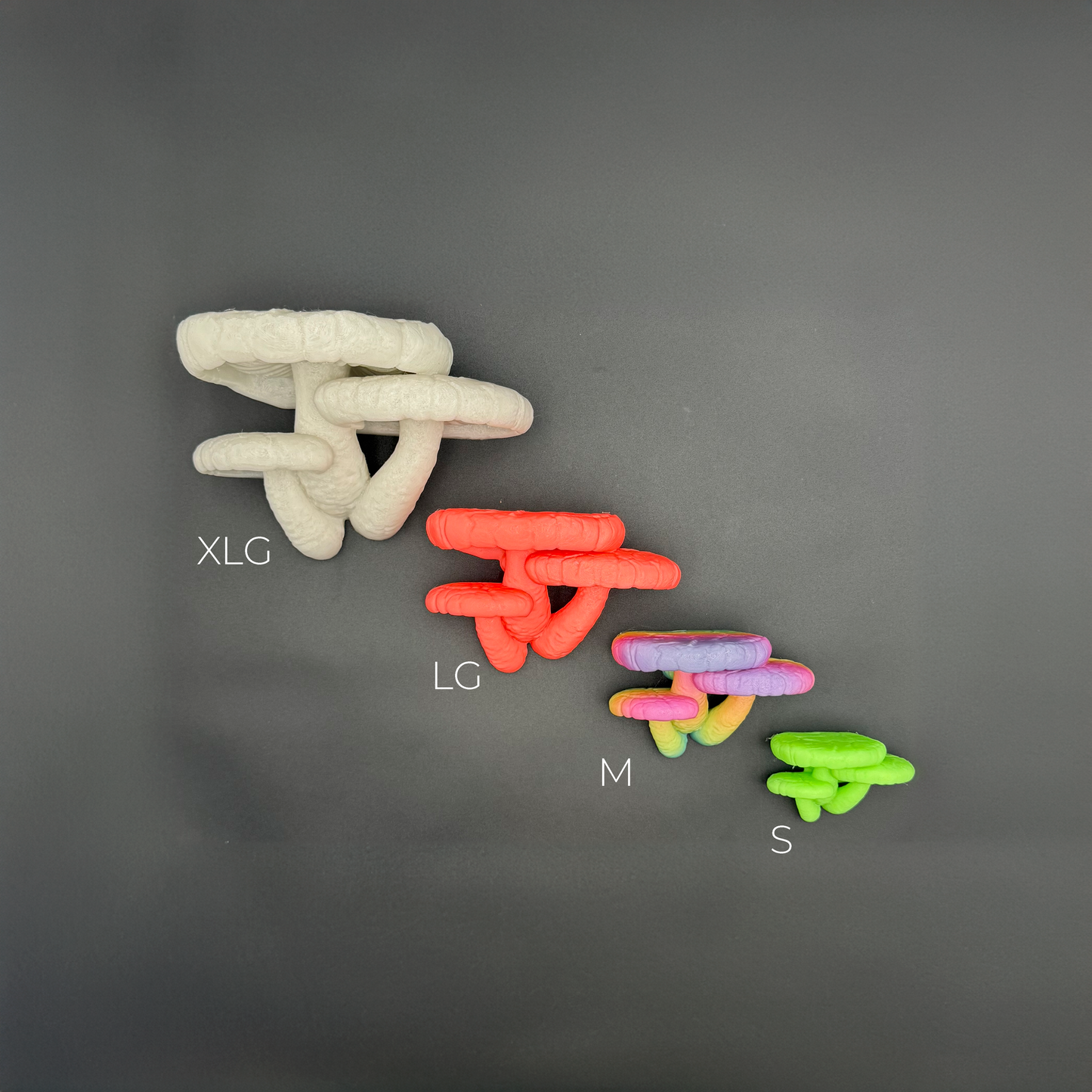 Collection of Edodes fungus floating shelves in five sizes, showcasing their unique designs and vibrant colors.