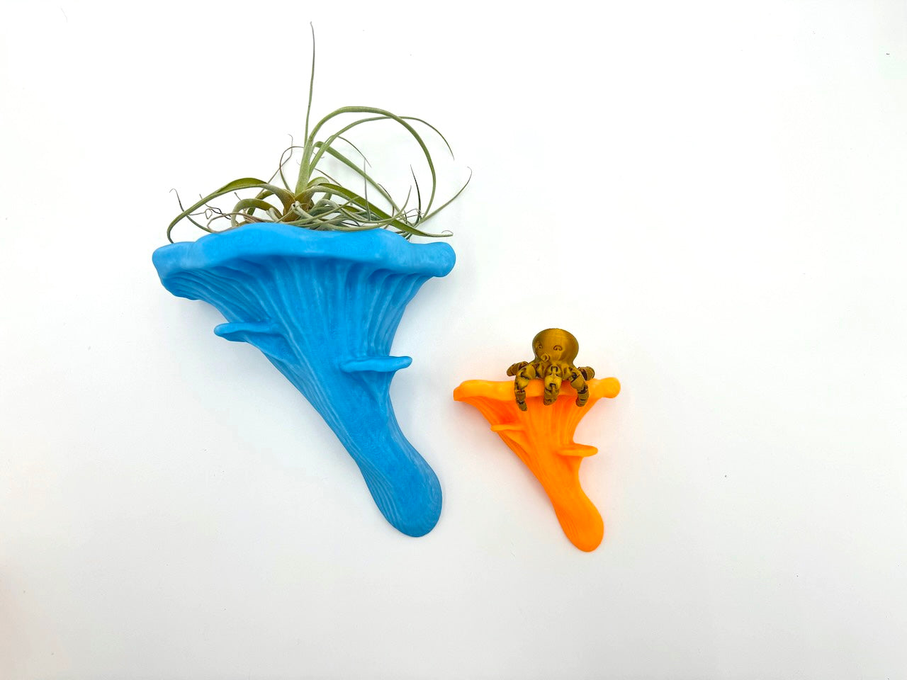 Colorful floating shelves in blue and orange, featuring an oyster fungus design, adorned with air plants and decorative octopus figurine.
