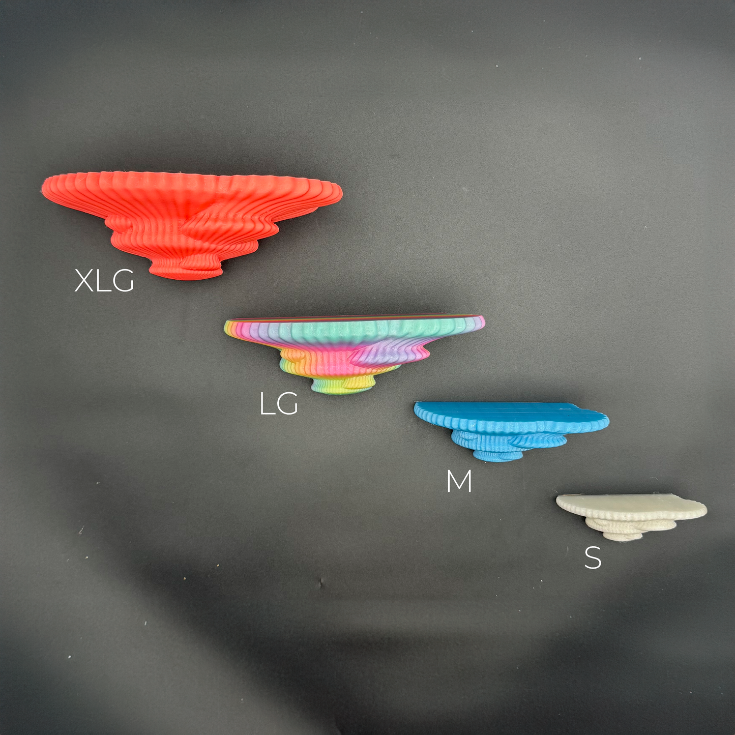 Comparison of large and small colorful floating shelves, showcasing different styles and sizes in a chic layout.