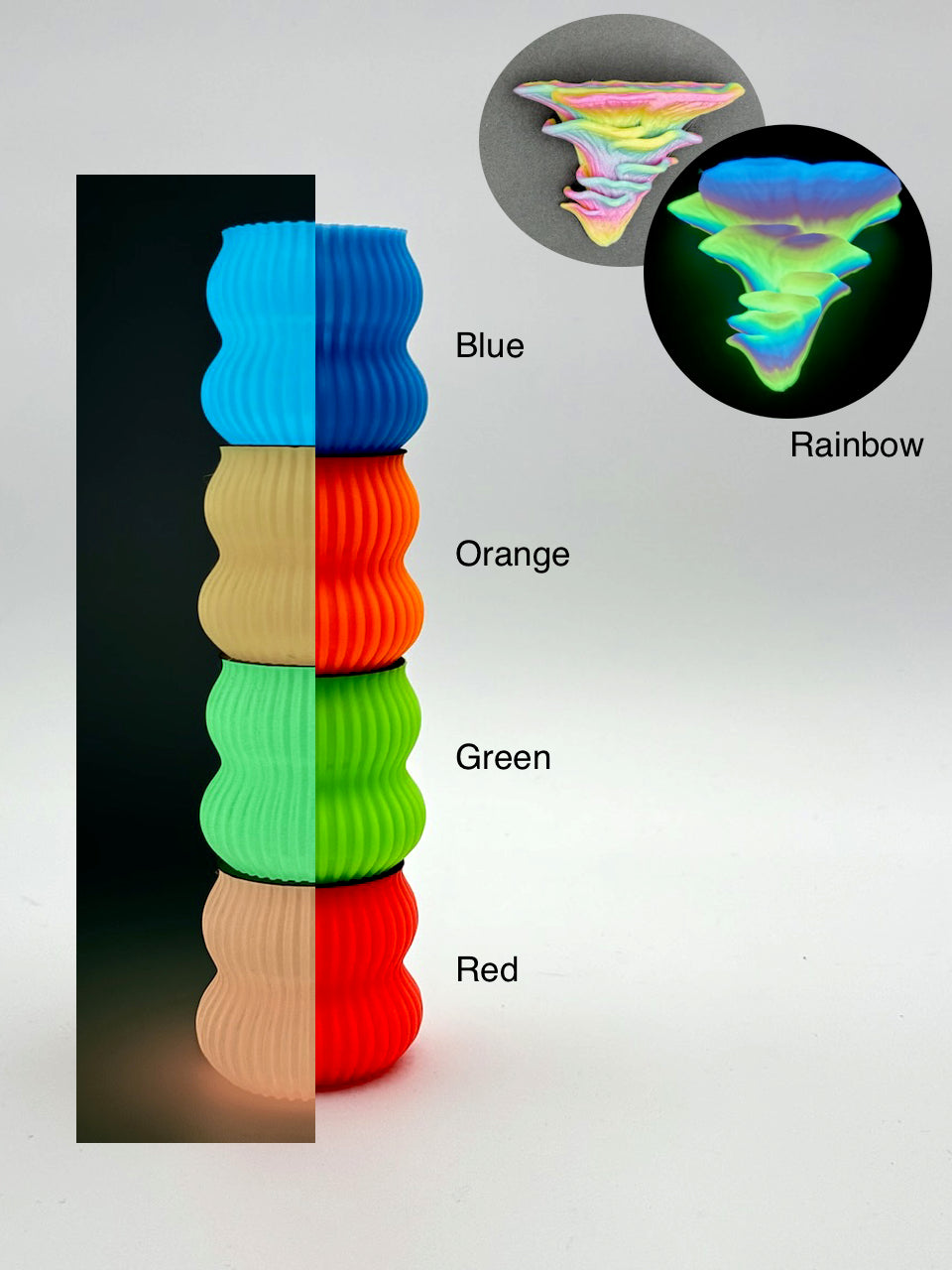Stacked Djamor Floating Shelves in various colors including blue, orange, green, and red, with a rainbow effect shelf shown as a unique design option.