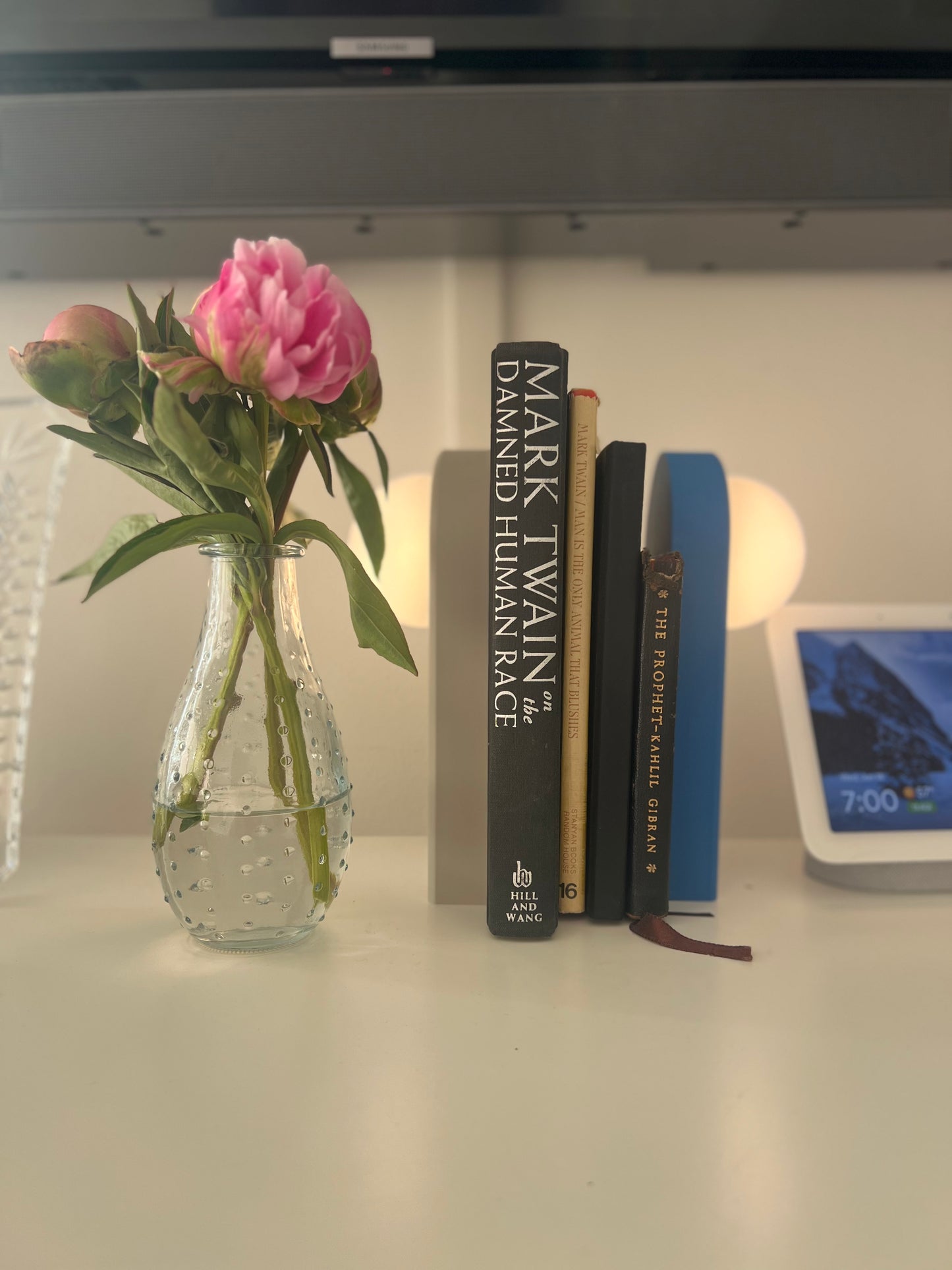 Cozy reading setup with flowers and books beside a lighted bookend, adding a stylish touch to any space.