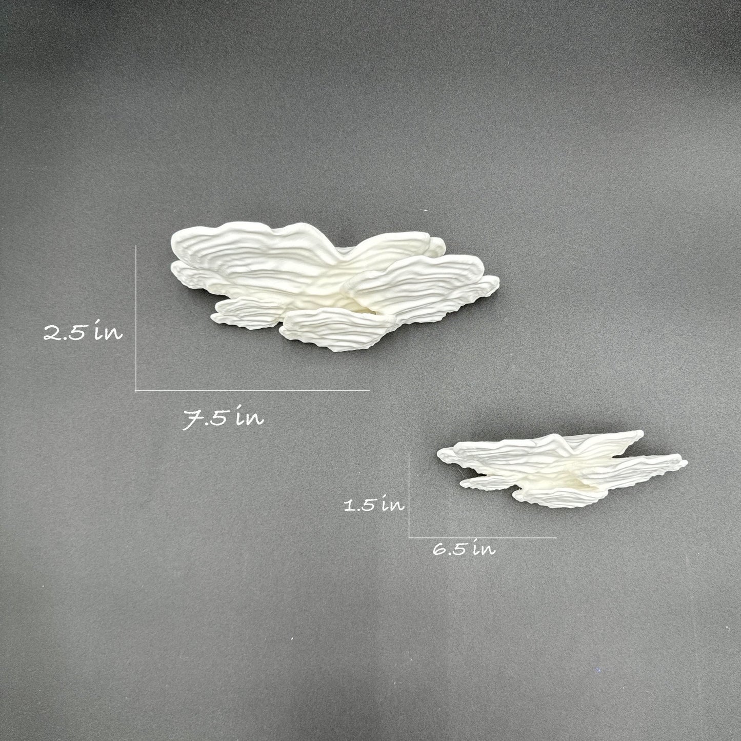 Side-by-side comparison of small and large fungus-shaped white shelves with measurements, perfect for stylish storage solutions.