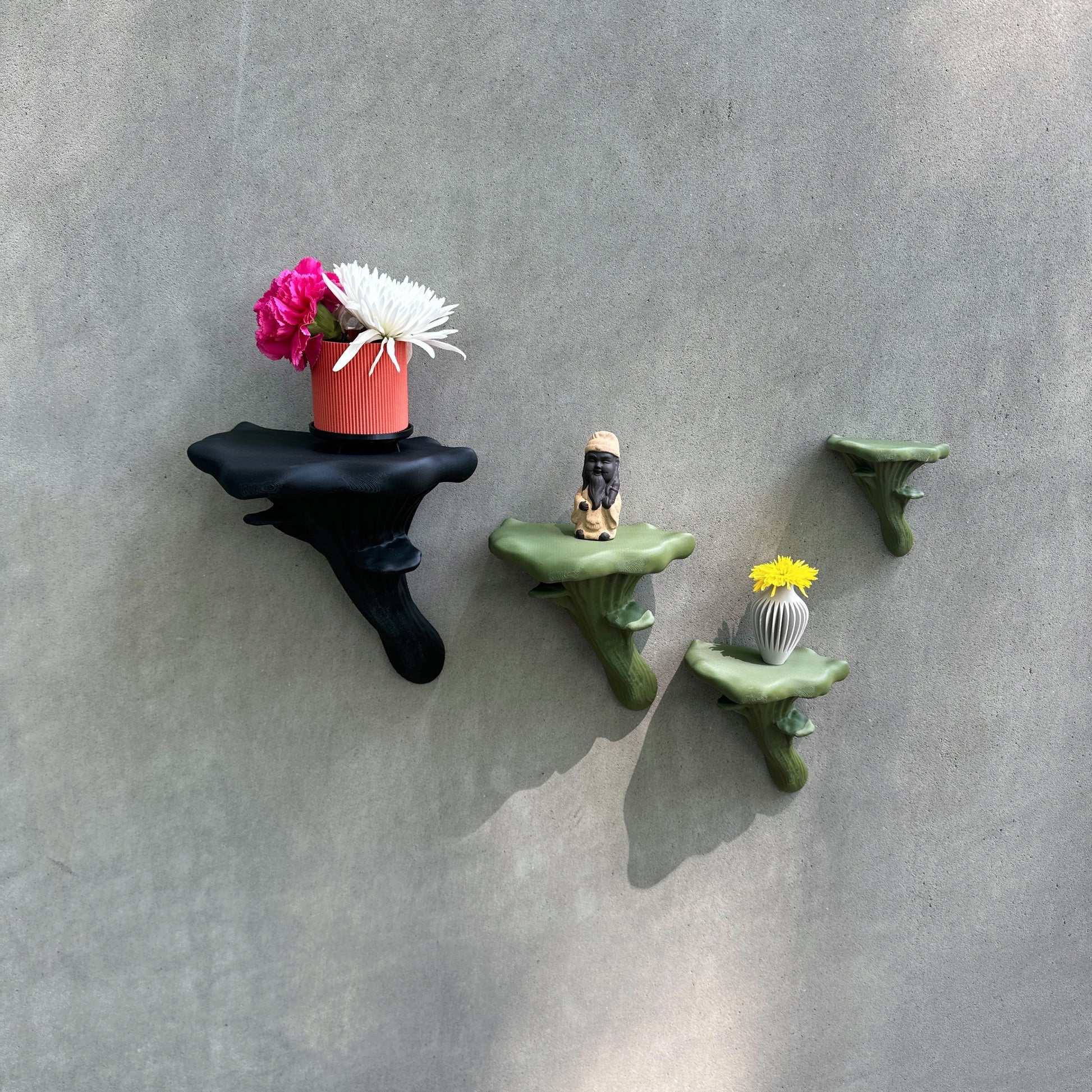 Stylish collection of black and green Oyster Floating Shelves adorned with potted flowers and decorative figurines, ideal for creative home decoration.