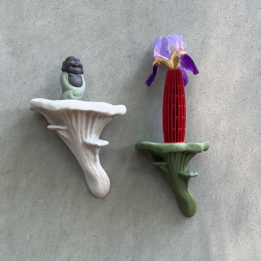 Twin Oyster Floating Shelves featuring a smiling Buddha figurine and a bold vase with an iris, illustrating how to use these shelves for creative displays.