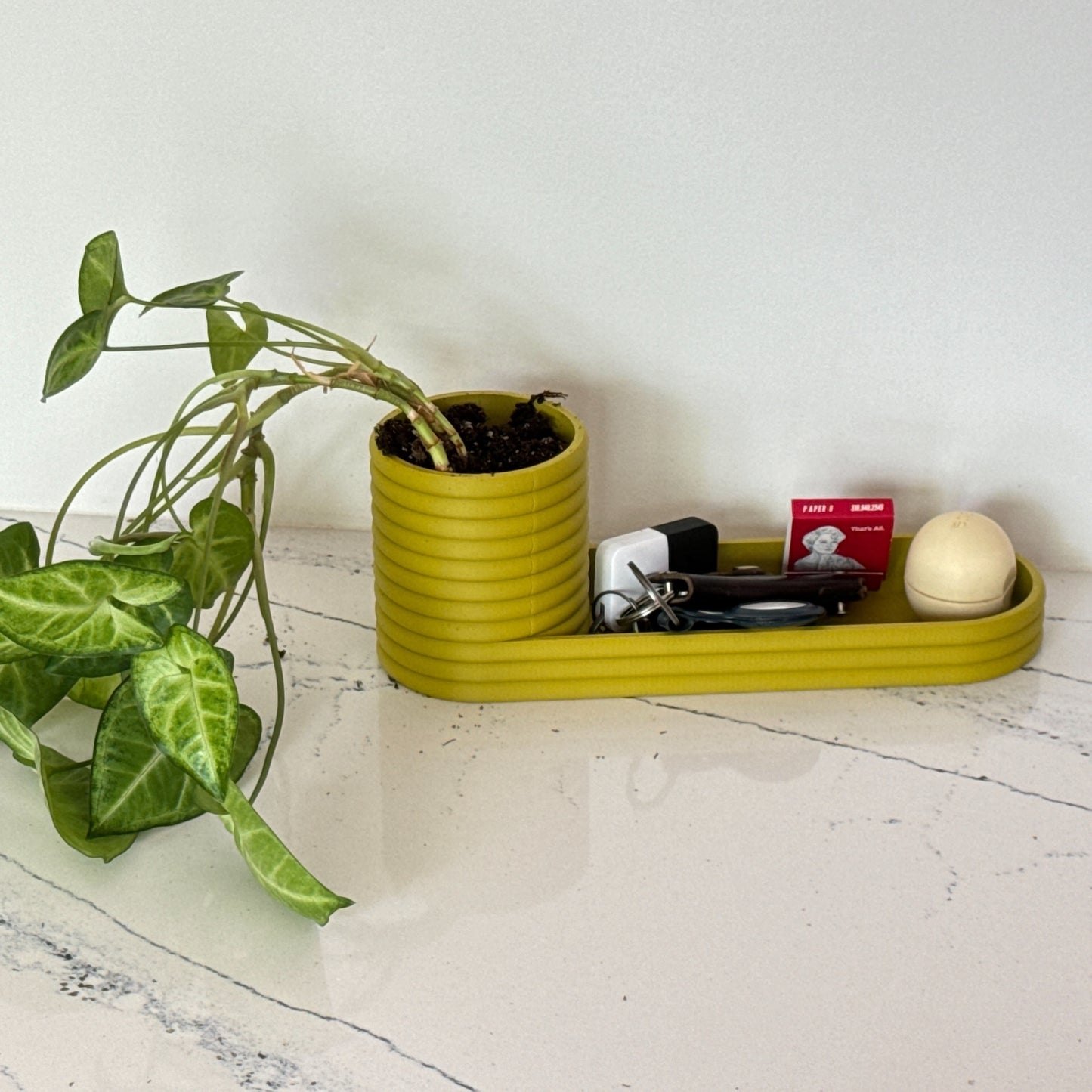 Compact and functional, this multi-purpose planter and organizer offers a sleek design with an optional inlay and drainage feature.