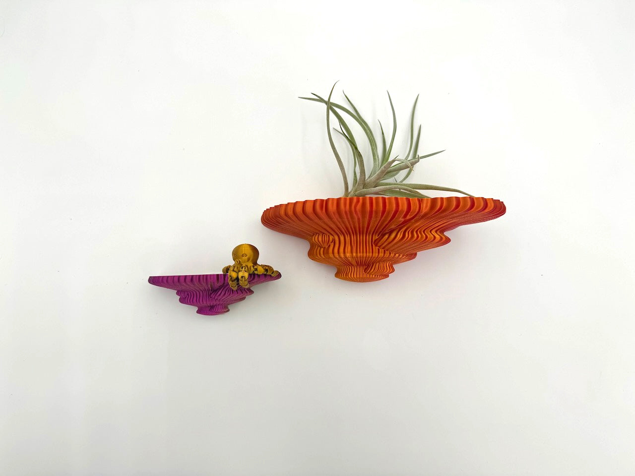 Colorful shimmering Tinder fungus themed floating shelves in orange and purple, featuring air plants for an enchanting home decor accent.