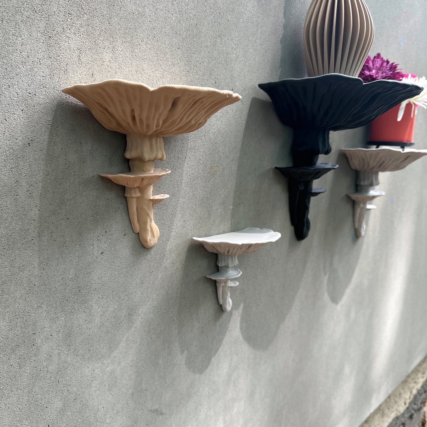A collection of unique mushroom-themed floating shelves in various colors, showcasing cottagecore home accents for a whimsical touch in decor.