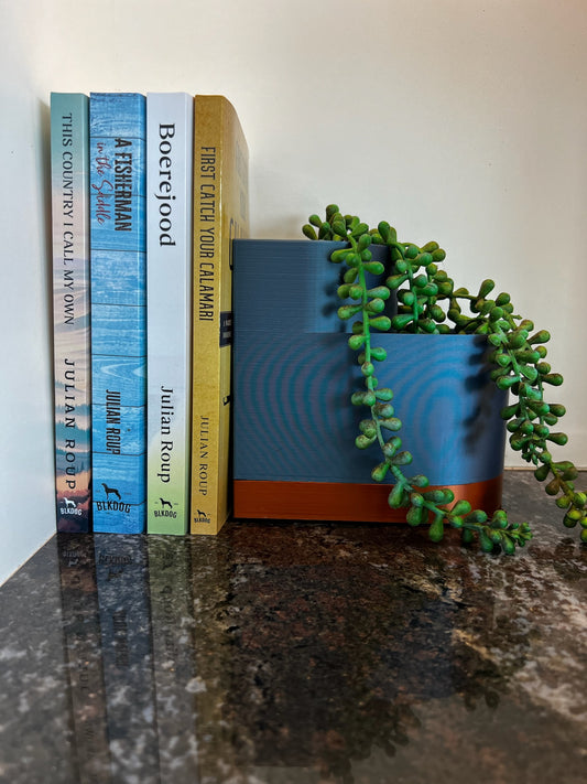 Double layer planter situated next to a collection of books, showcasing green succulent plants that add a vibrant touch to the bookshelf.
