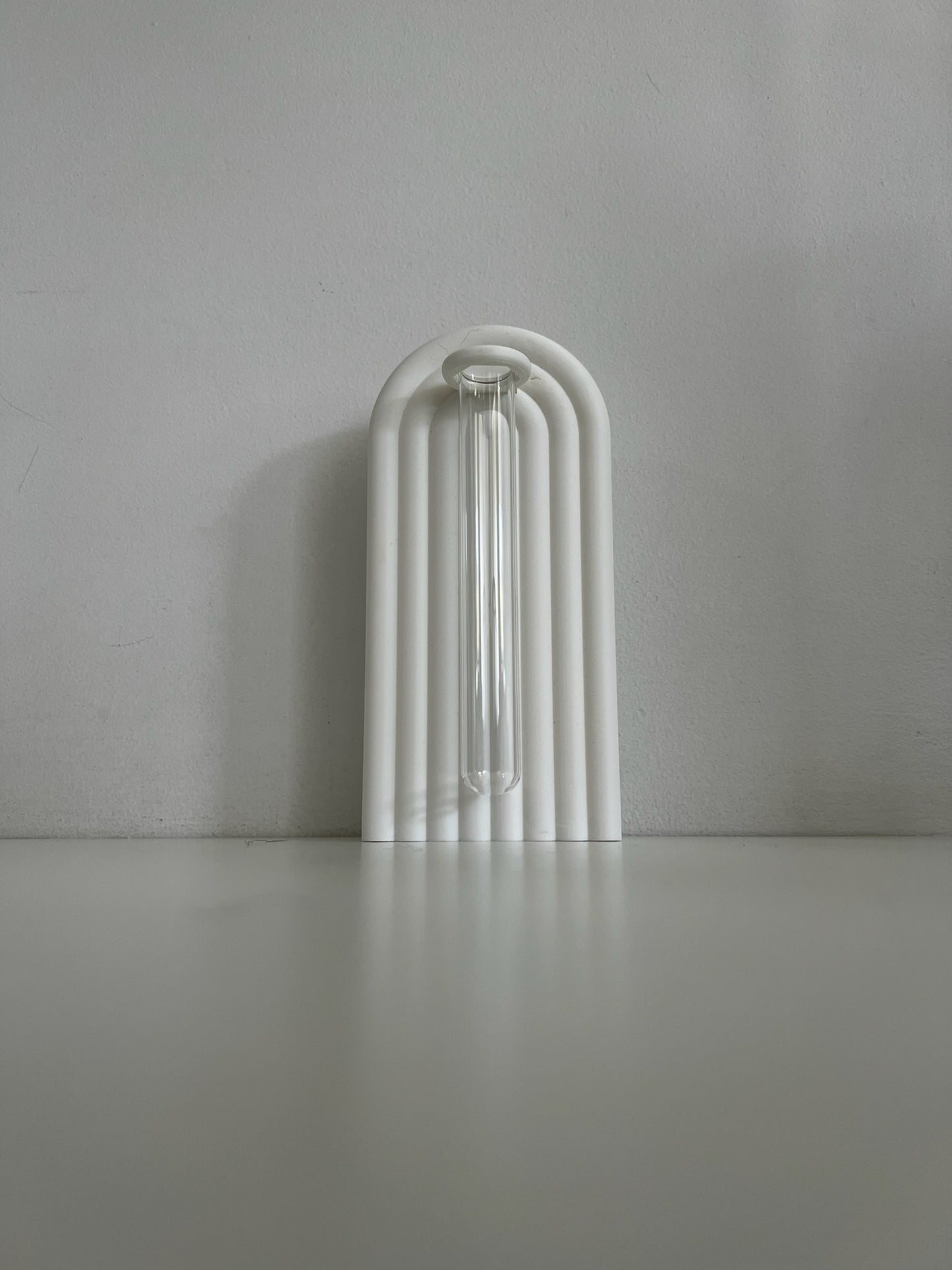 Unique propagation bookend with built-in glass for plant display, featuring vibrant cuttings, set against a minimalist shelf.