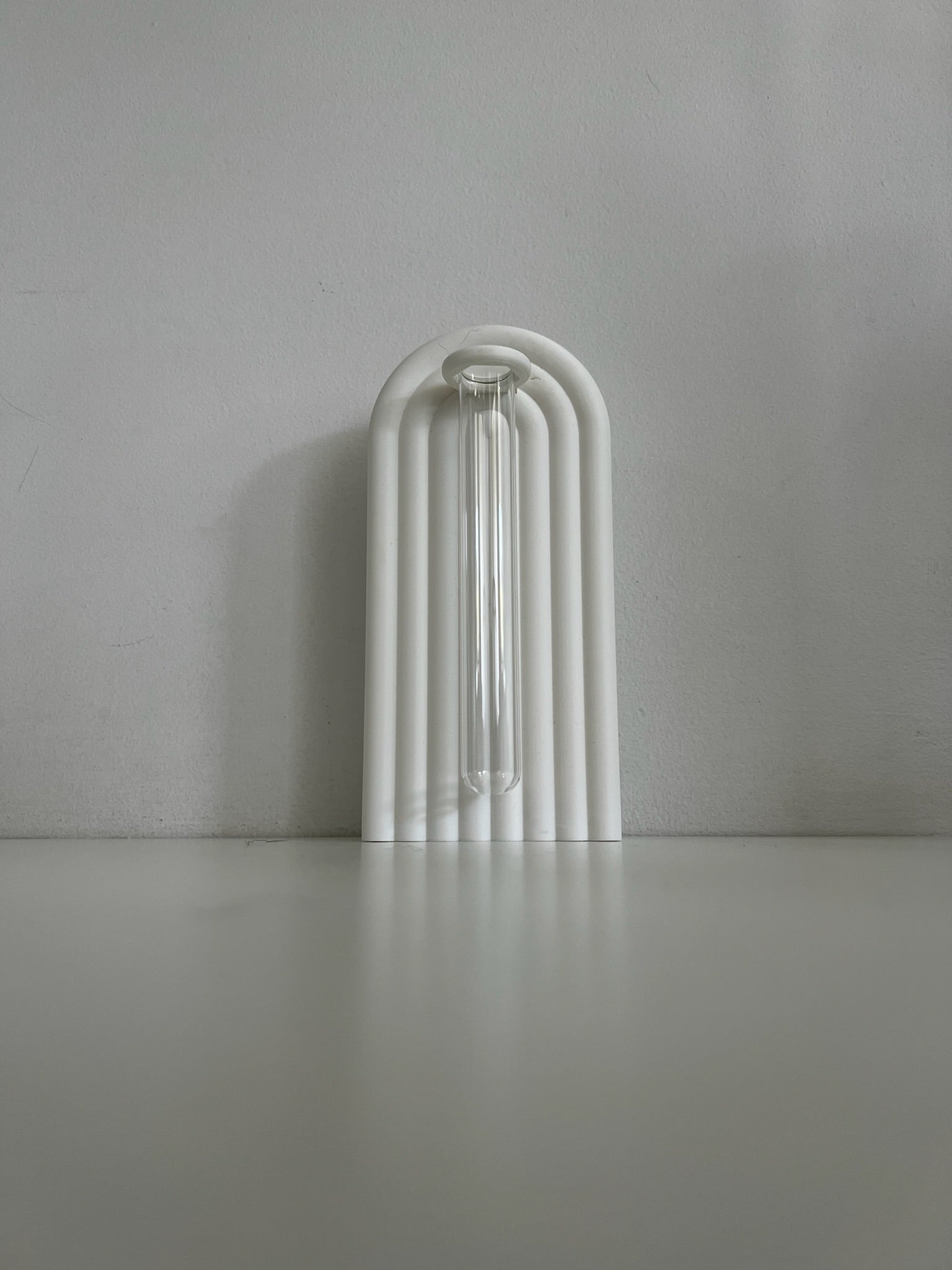 Unique propagation bookend with built-in glass for plant display, featuring vibrant cuttings, set against a minimalist shelf.