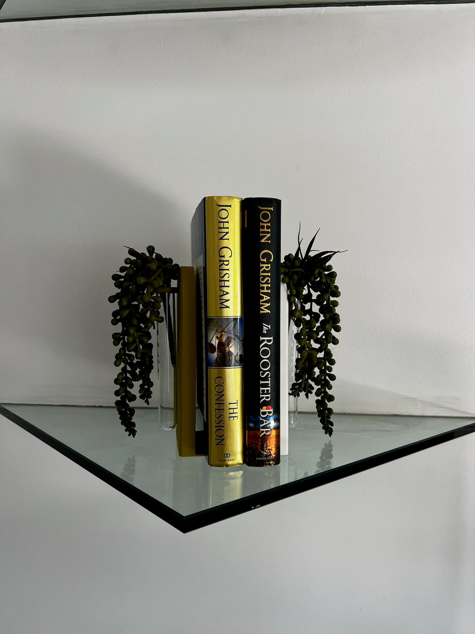 Eye-catching propagation bookend with a clear glass tube holding vibrant plant cuttings, displayed on a desk.