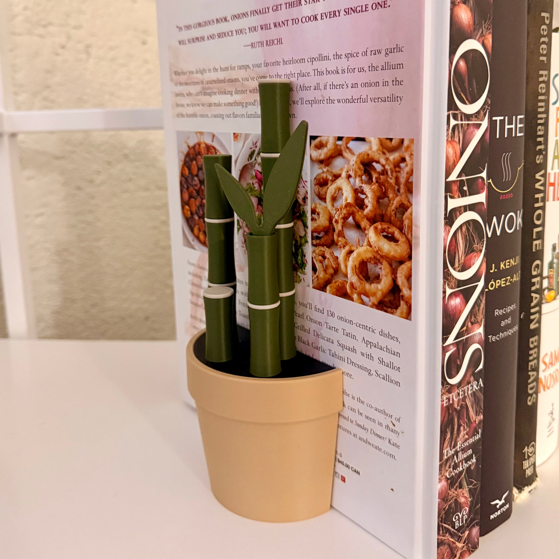 Elegant Bambu Plant Bookends displaying books alongside leafy bookmarks, combining decorative and functional elements for any bookshelf.