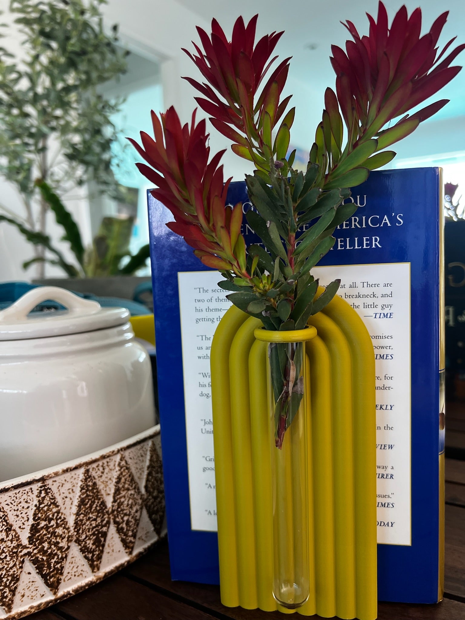 Propagation bookend with a vibrant yellow hue holding a vibrant floral arrangement, complementing a bright blue book.