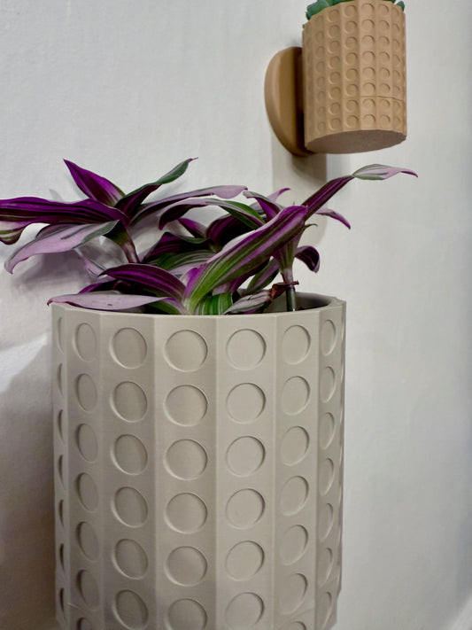 A modern spiral-patterned wall planter with a twist-off drip tray for easy plant care and a stylish touch.