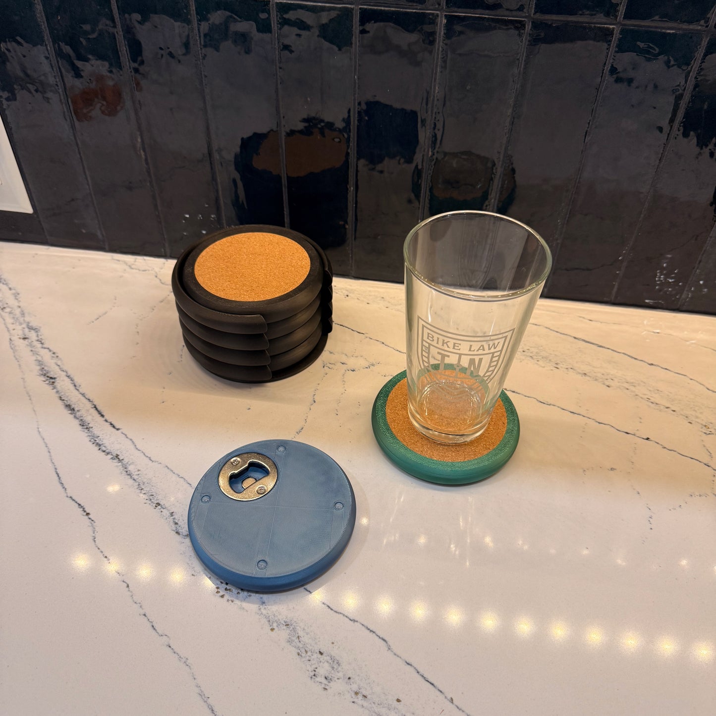 Bottle Opener Coasters Set  Built-In Opener + Cap Catch Magnet