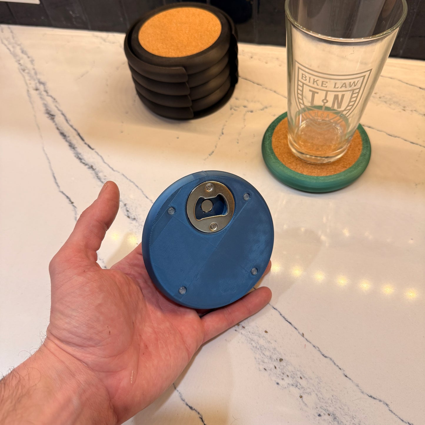 Bottle Opener Coasters Set  Built-In Opener + Cap Catch Magnet