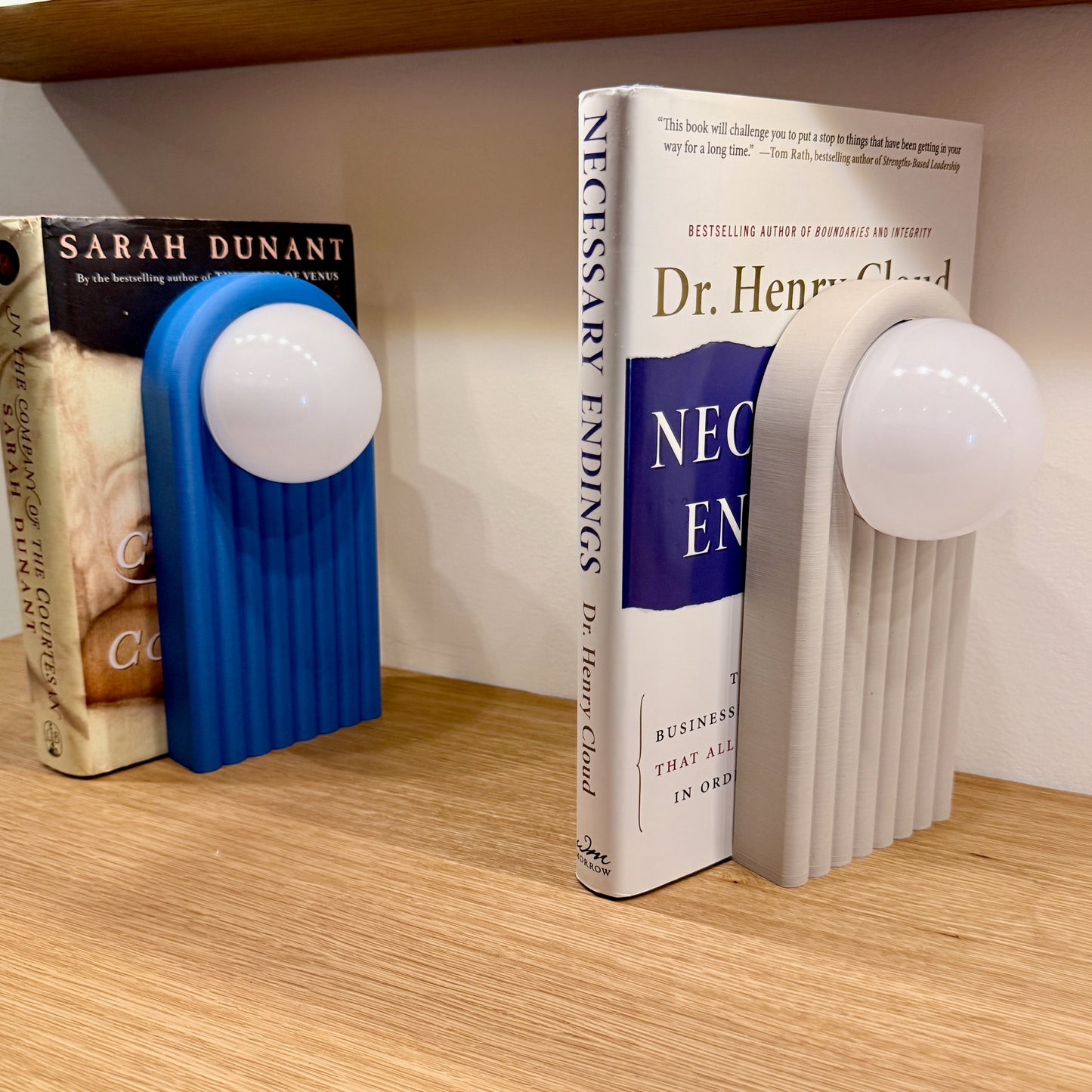 Retro Chic Lighted Bookend for Kids Room or Library featuring a blue and gray design, displaying books with a cozy vintage decor and soft glow.