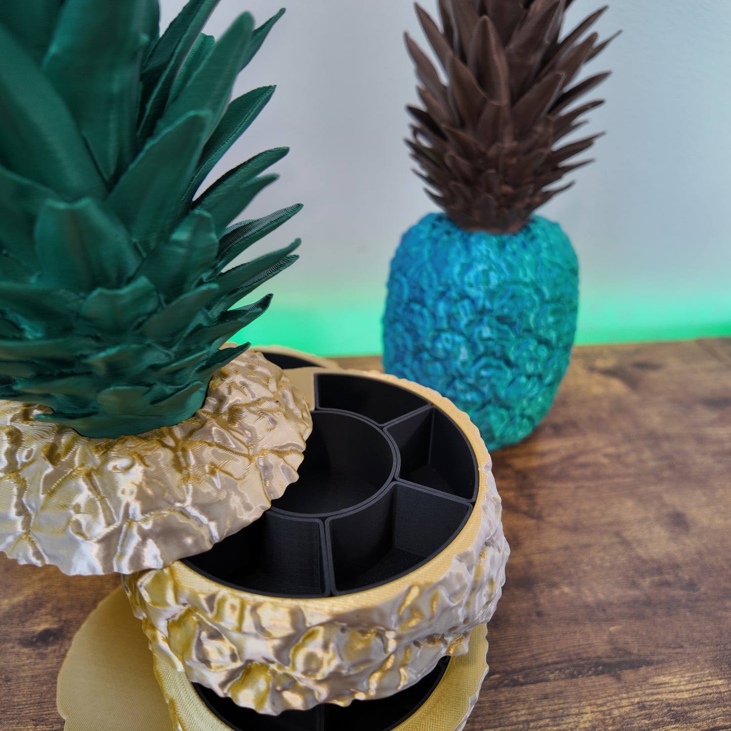 Sliced Pineapple Organizer | Rotating Jewelry Storage | Unique Desk Organizer | Home Decor Gift - Detail shot of the pineapple desk organizer with slices open, highlighting its stylish compartments for organized storage.