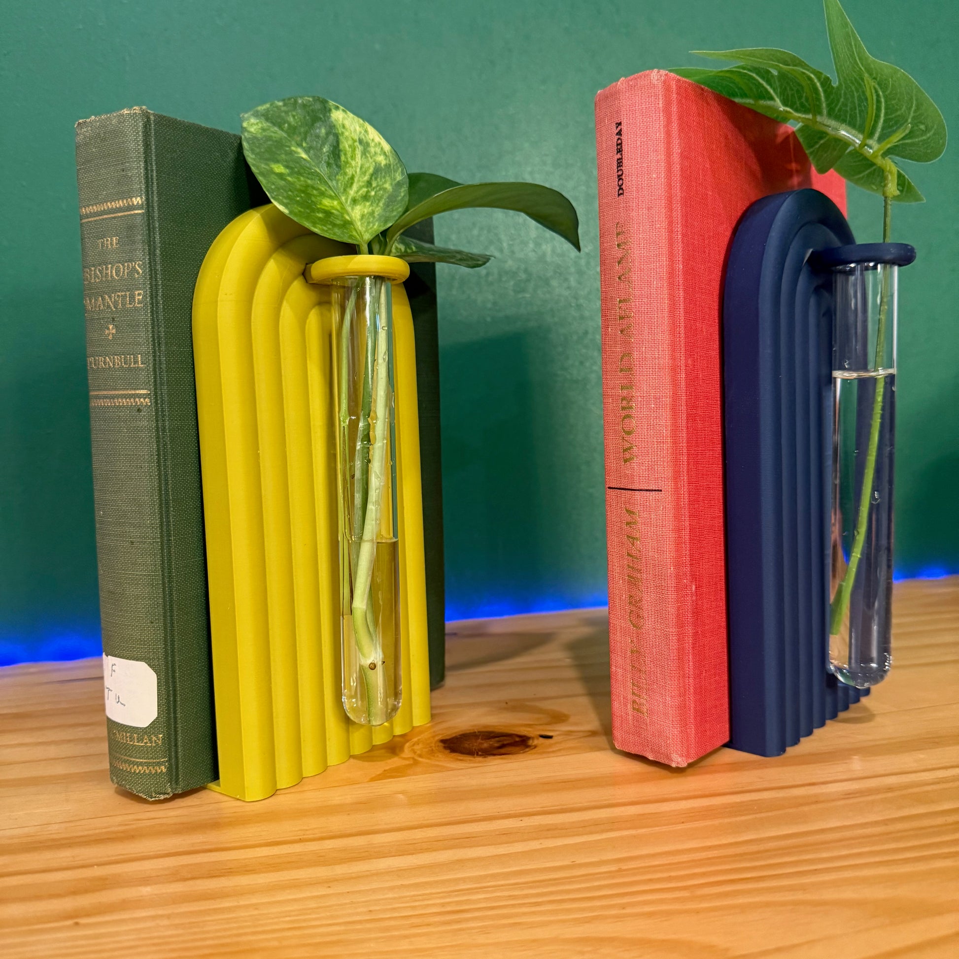 Colorful propagation bookends in yellow and blue, showcasing plant growth next to classic literature.